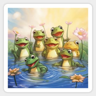 Funny frog sit and song on a lotus leaf in the pond Sticker